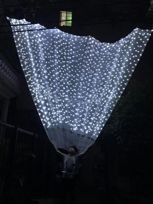 衣装は特大で誇張されており、ユリの小道具は展示品の後ろにある花びらの大きな翼の小道具です。