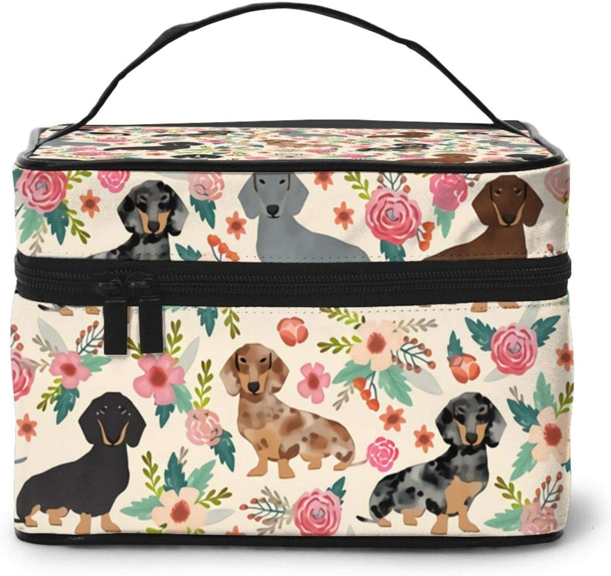 ダックスフント犬ピンクの花化粧ポーチ女性のための大型化粧品バッグポータブル旅行トイレタリーバッグオーガナイザー