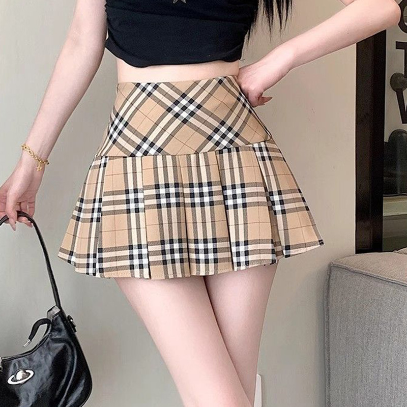夏の女性のスリムフィット薄型ラップヒップスカート女の子韓国ハイウエスト A ラインスカート新しい女性のコーヒーチェック柄デザイナースカート