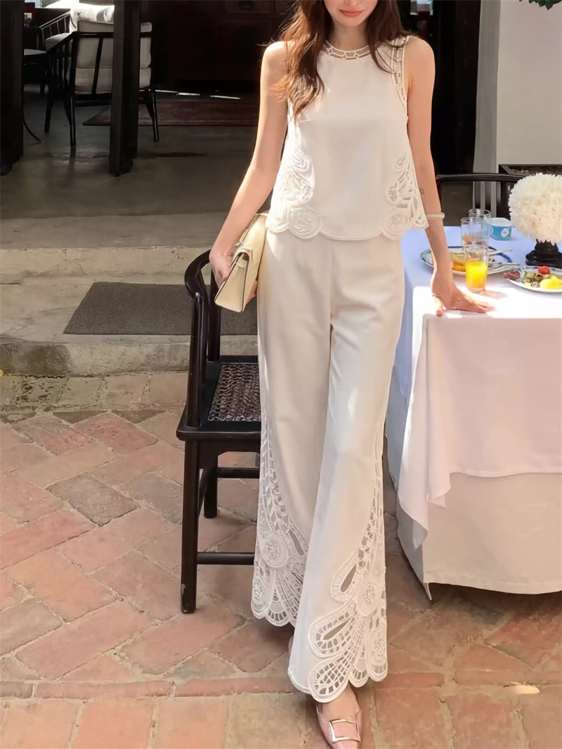 White Women Sleeveless Slim Simple Vest +Zipper Straight Leg Pants Hollow Out Embroidered Top+Pants Summer New