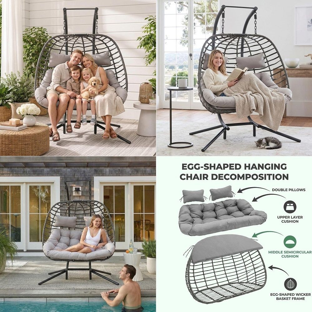 人掛けエッグチェア スタンド付き 屋外 パティオ用 ハンドメイド ラタンウィッカー ダブルエッグスイングチェア ハンモックチェア UVリ付き