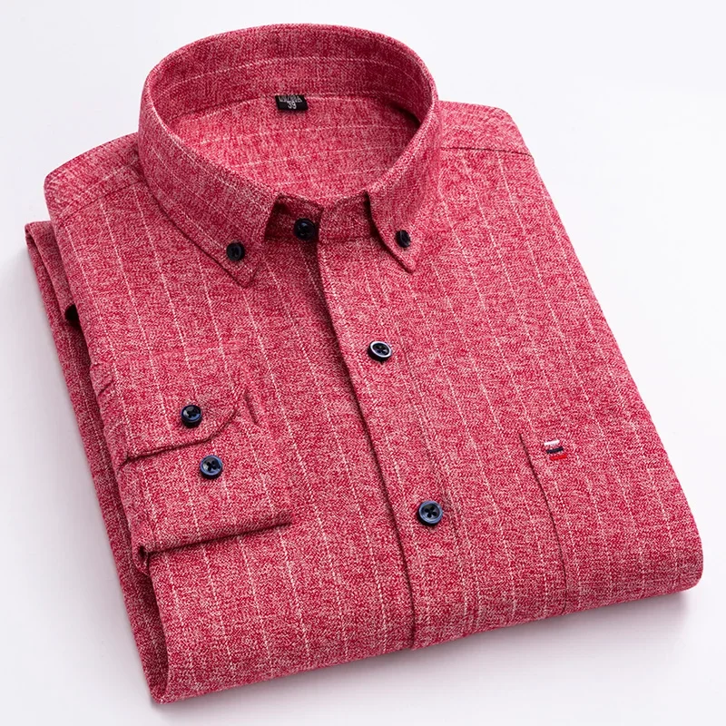 ShirtPlus サイズ 7XL 綿 100% サンディング長袖シャツ男性スリムフィット無地シャツストライプチェック柄シングルポケット服