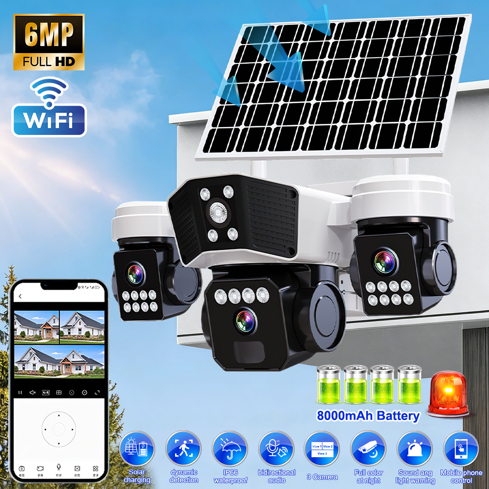 6MP 3 レンズソーラーセキュリティカメラワイヤレス WiFi 屋外 PTZ カメラ 3 スクリーンフルカラーナイトビジョンモーション検出音光警報 IP66 防水監視カメラ