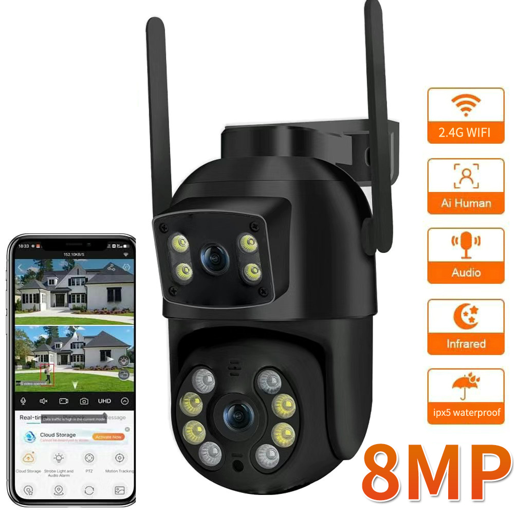 8MP 4K PTZ Wifi カメラ、デュアルレンズデュアルスクリーン AI 人体検出ワイヤレス屋外 CCTV セキュリティ IP カメラ