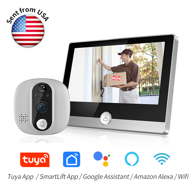 KAK Wifi スマートドアベルカメラ 4.3 インチビデオドアのぞき穴ドアビューア 170 度モーション検出 Tuya APP Alexa Google アシスタント