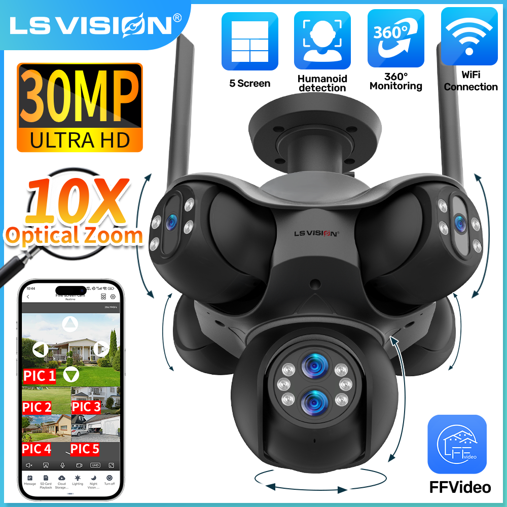 LS VISION 30MP 5 スクリーン屋外 WiFi カメラ 10X 光学ズーム 5 PTZ セキュリティ IP カム人間自動追跡監視 CCTV カメラ