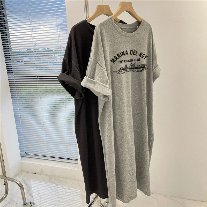 M-4XL サマープラス ルーズ プリント 半袖ドレス レディース