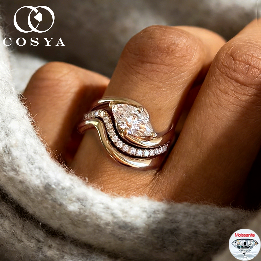 COSYA 1/2CT マーキスカットモアッサナイトリングセット女性のための純粋な S925 シルバー認定ラボダイヤモンド結婚指輪デイリージュエリーギフト