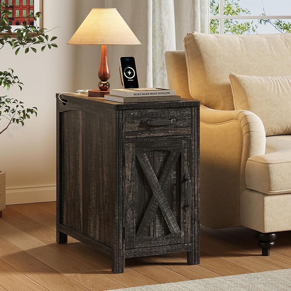 Rustic Barn Door Nightstand with Charging Station and Storage, 23.5 Brown