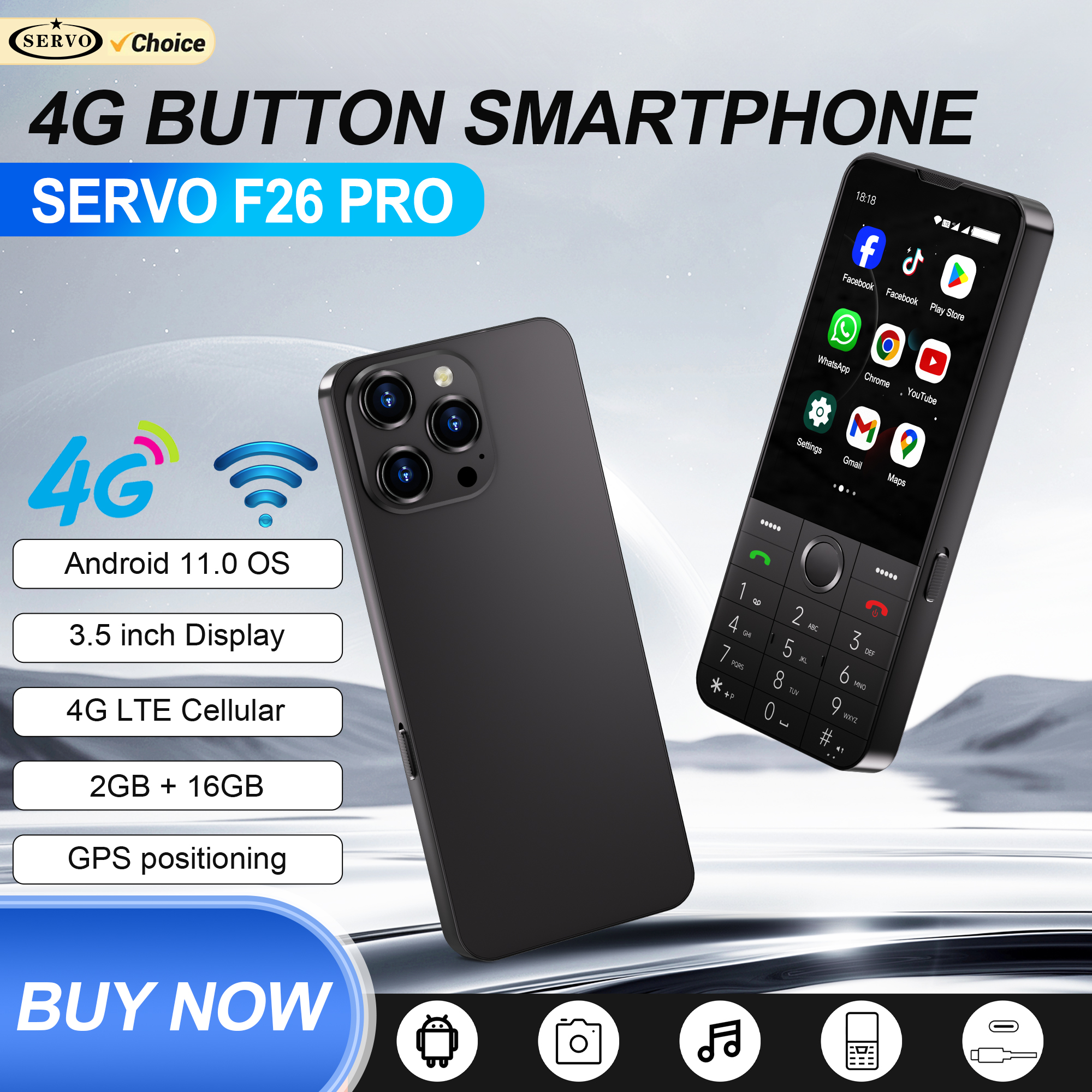 SERVO F26 PRO Android タッチスマートフォン 4G LTE RAM 2GB ROM 16GB WhatsAPP Google Play WiFi ホットスポット FM デュアル SIM ボタンスマートフォン