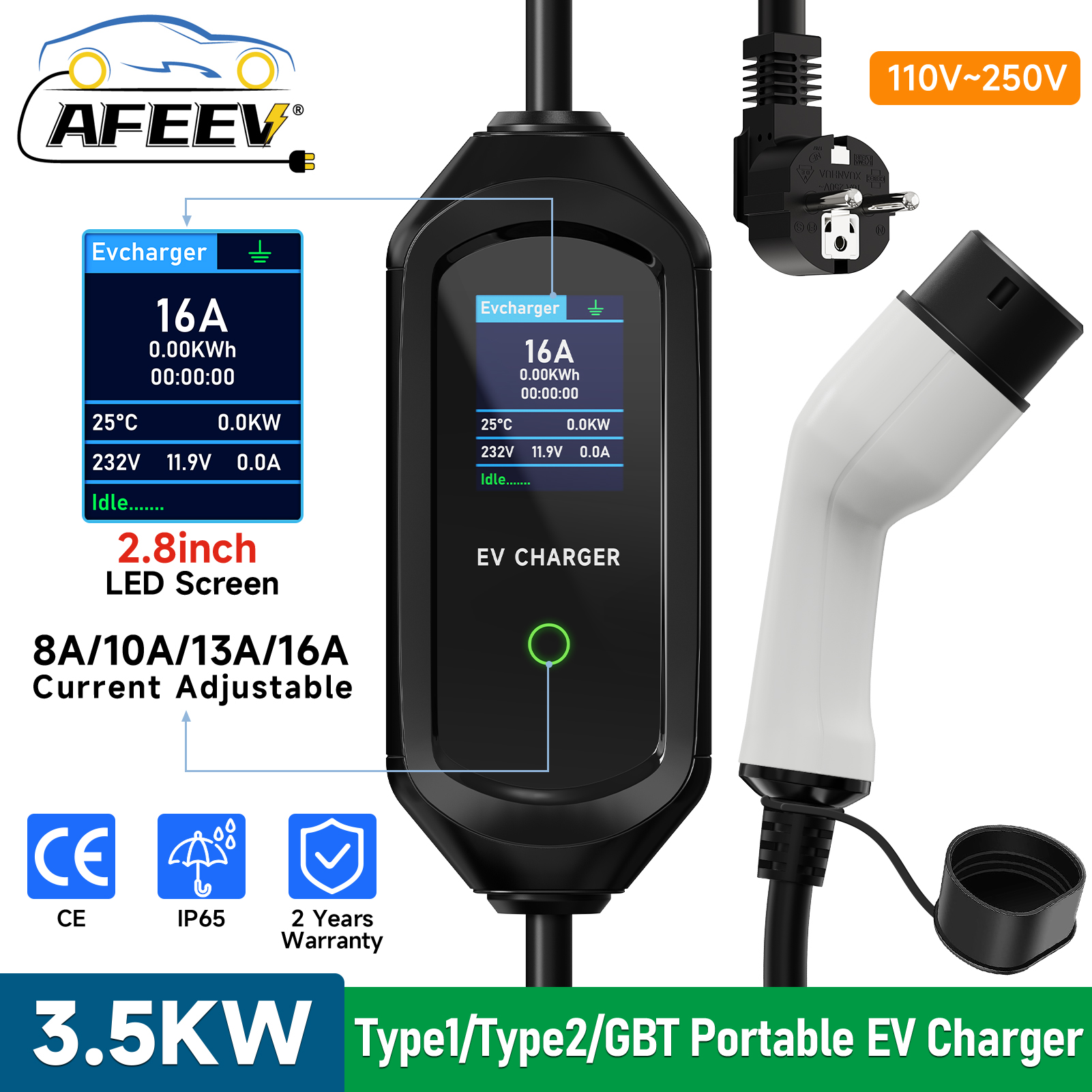 AFEEV ポータブル EV 充電器 Type2 IEC62196-2 16A EVSE 高速充電ケーブル Type1 SAE J1772 ウォールボックス 3.5KW GBT 電気自動車充電器