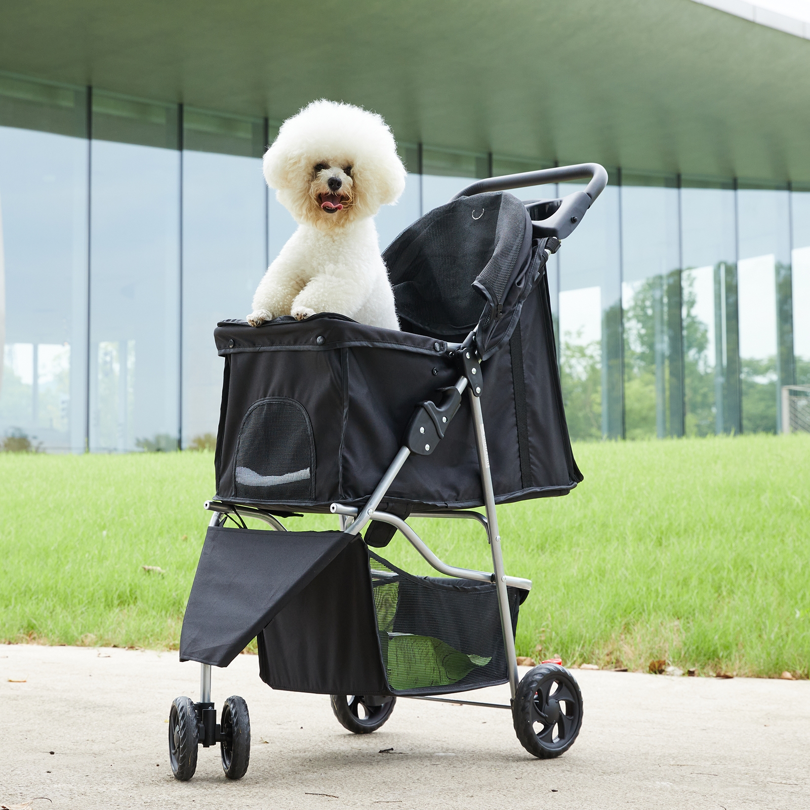 JHK 3輪折りたたみペットベビーカー小型犬猫用ベビーカーメッシュ窓付き収納バスケットカップホルダー屋外用