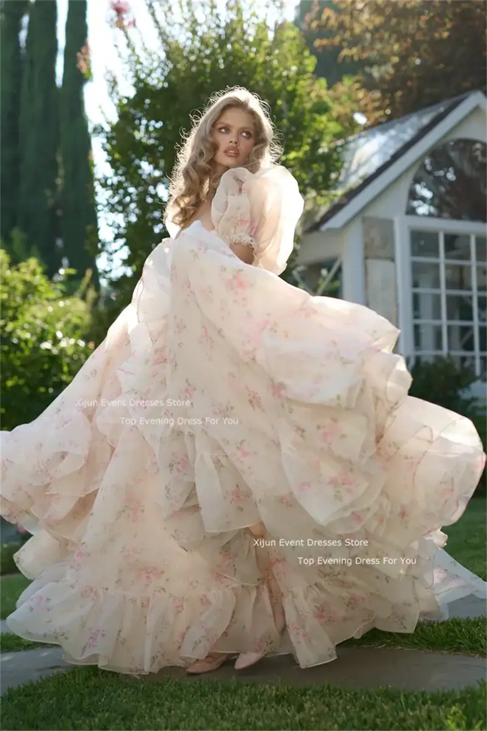 OLOEY 絶妙なピンクの花のイブニングドレスガーデン写真撮影パーティードレスパフストラップティアードレイヤードウエディングドレスカスタマイズパーティー