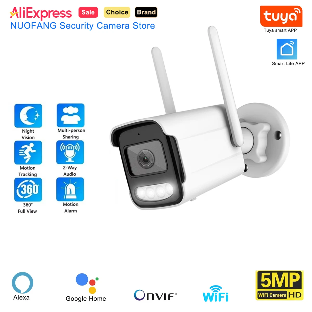 5MP HD Tuya WiFi IP カメラ屋外防水 AI 人体検出 ONVIF スマートワイヤレス CCTV セキュリティ監視屋外カム