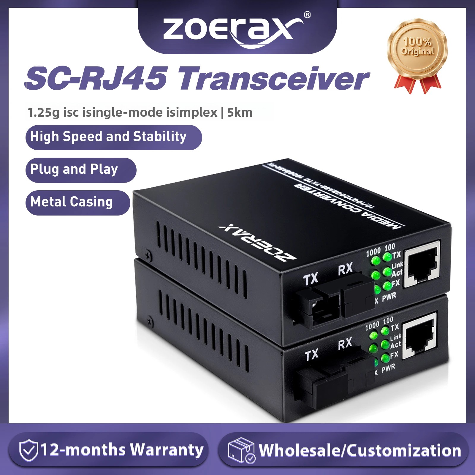 ZoeRax ギガビット光ファイバートランシーバーメディアカバーターイーサネット SC シングルモード RJ45 ポート光トランシーバーのペア