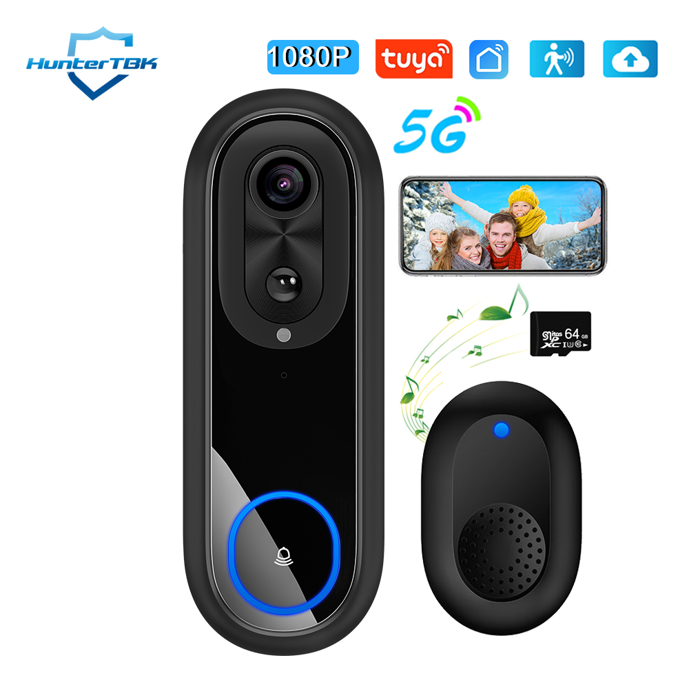 5G 2.4G WiFi ビデオドアベル 1080P ワイヤレスベル Tuya APP スマートインターホンカメラ IP65 防水リングベル 7000mAh バッテリー付き