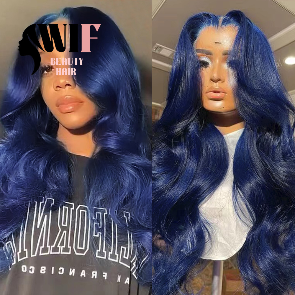 WIF ダークブルーボディ波状合成かつらロングウェーブのかかった髪の女性コスプレナチュラルヘアラインレースフロントウィッグ熱繊維ブルーかつら