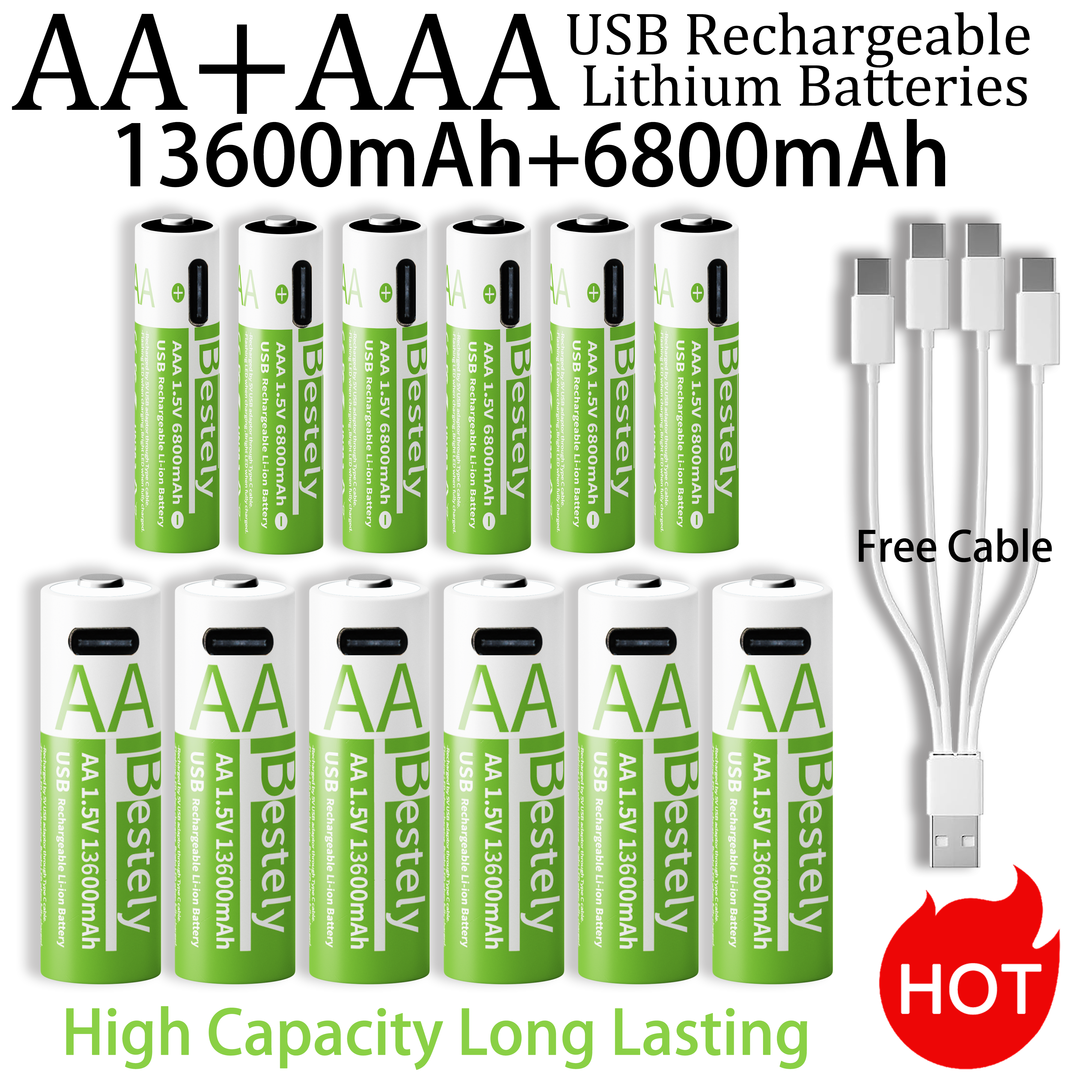 新しい 1.5V AA 13600mAh AAA 6800mAh 充電式リチウム電池急速充電リチウムイオン電池 2000 サイクル無料 USB-C ケーブル付き