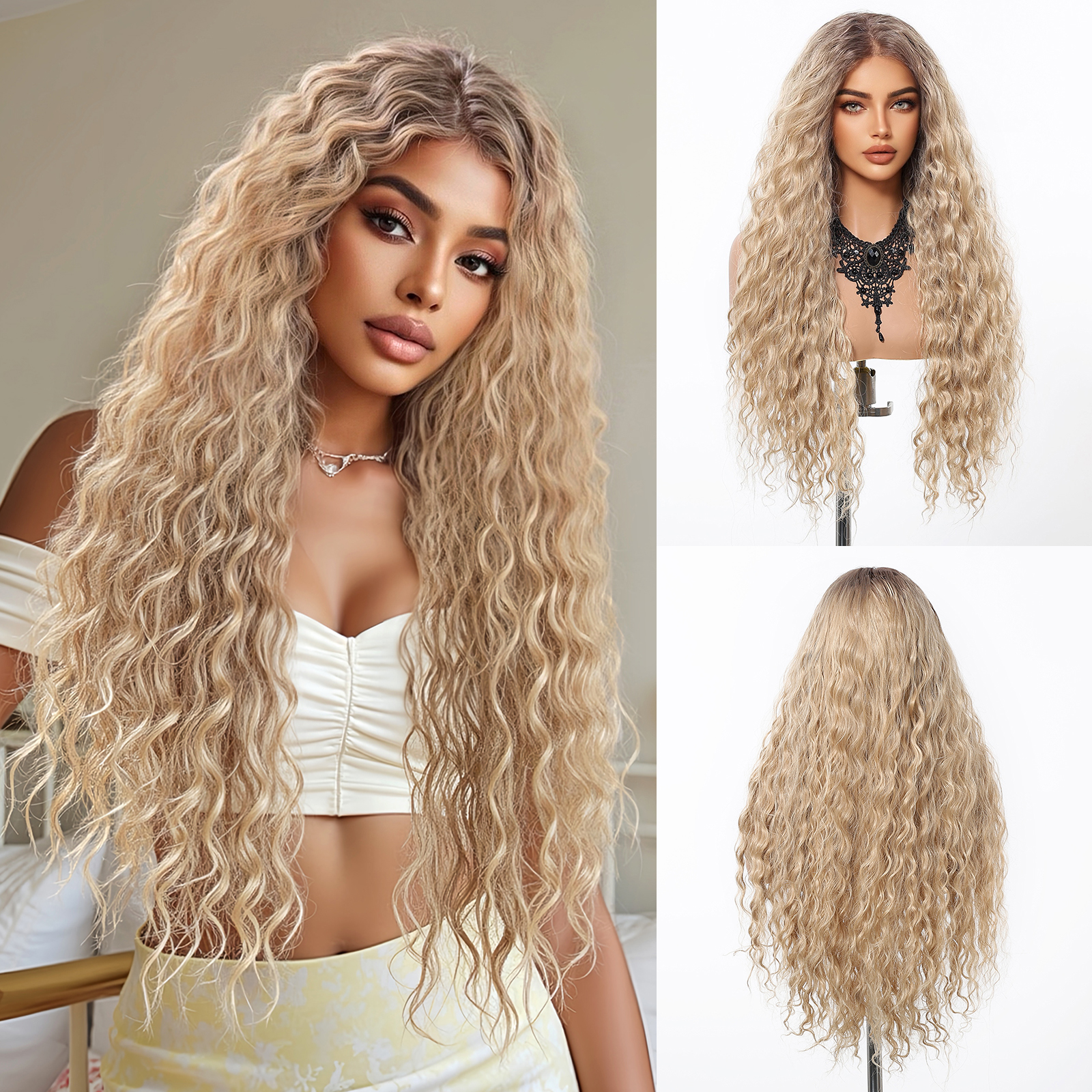 HAIRCUBE ハニーブロンドカーリー 13 × 4 レースフロントウィッグ女性のためのオンブルダークルーツ耐熱人工毛日常コスプレパーティー使用