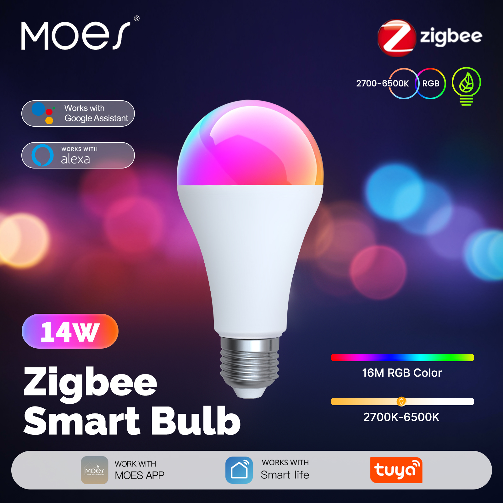 MOES Tuya Zigbee スマート LED 電球調光可能な RGB C W 色 14 ワット E27 2700K-6500K スマートライフアプリリモコン Alexa Google ホーム付き