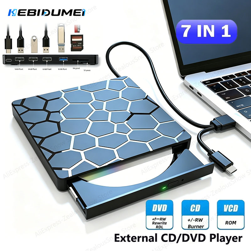 KEBIDUMEI 7 in 1 CD DVD レコーダープレーヤーライターUSB3.0/タイプ C 外部 DVD バーナー光学ドライブポータブルリーダーラップトップデスクトップ用