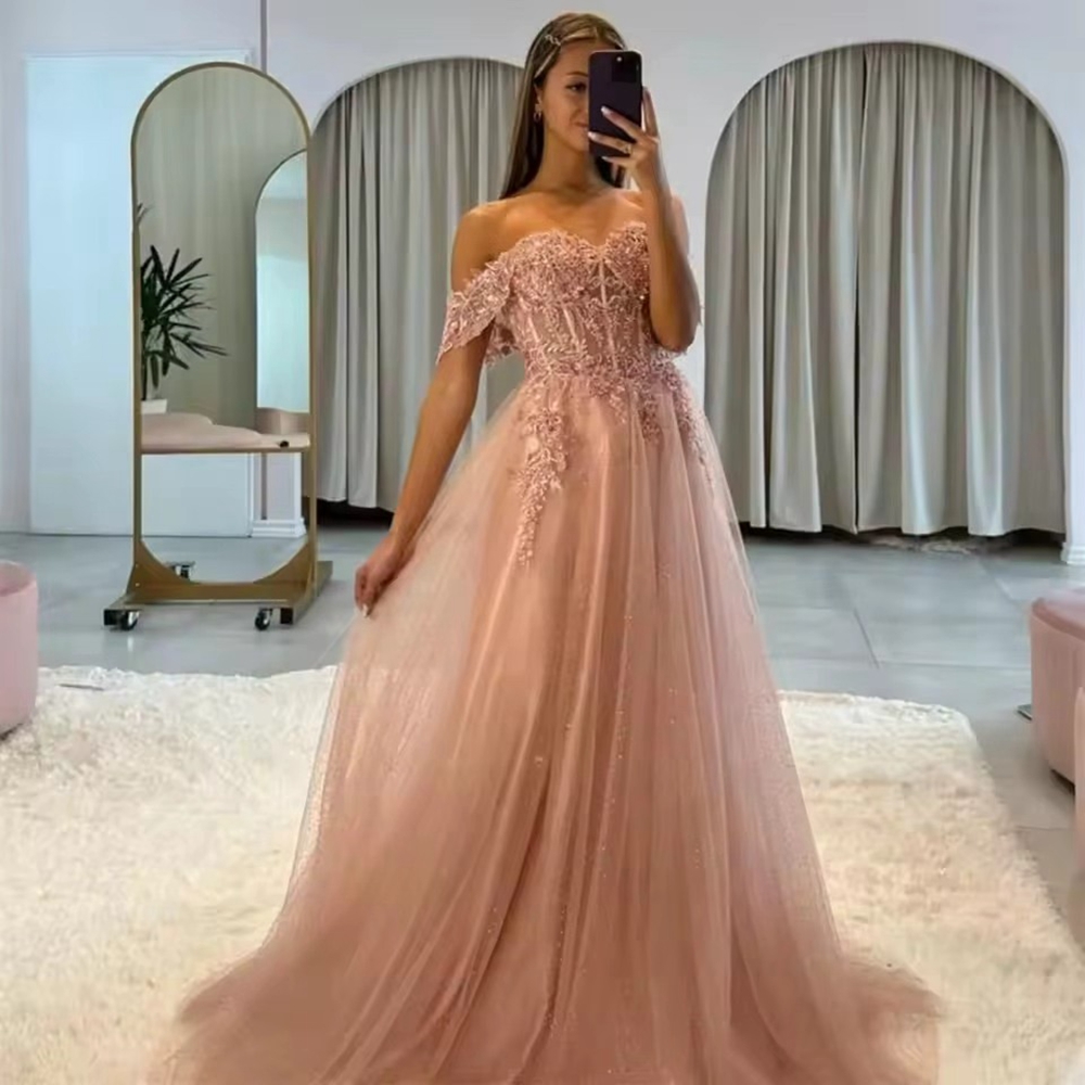 Bomaris ピンクロングイブニングパーティードレス Vestidos デフェスタキラキラチュールレース床長さの Abendkleider プロムドレスカスタマイズ