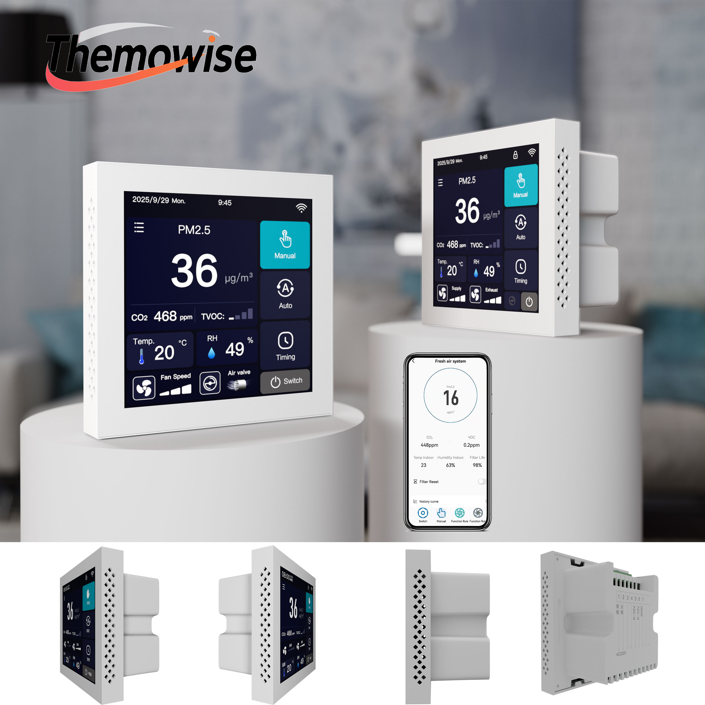 WIFI ホームスマートフレッシュエアセンサーコントローラー 0-10V EC/AC ファン調整空気品質 VOC CO2 PM2.5 および温度湿度モニタリング
