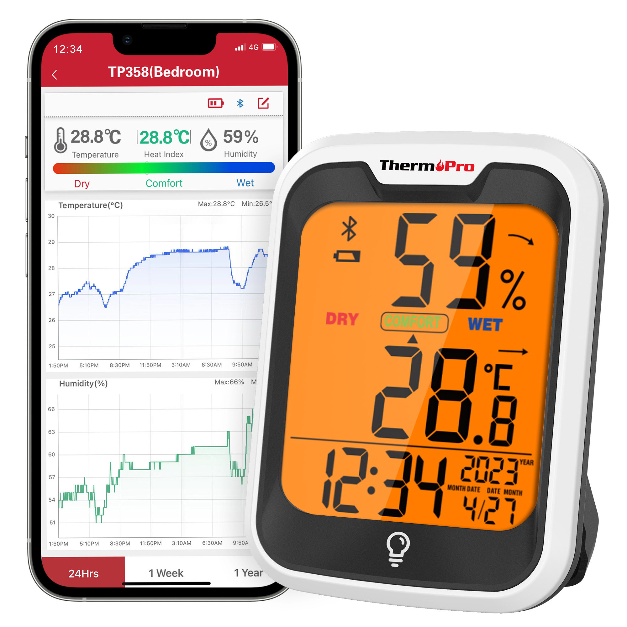 ThermoPro TP358 バックライト Bluetooth 接続アプリデジット気象ステーション屋内温度計湿度計家庭用時計付き