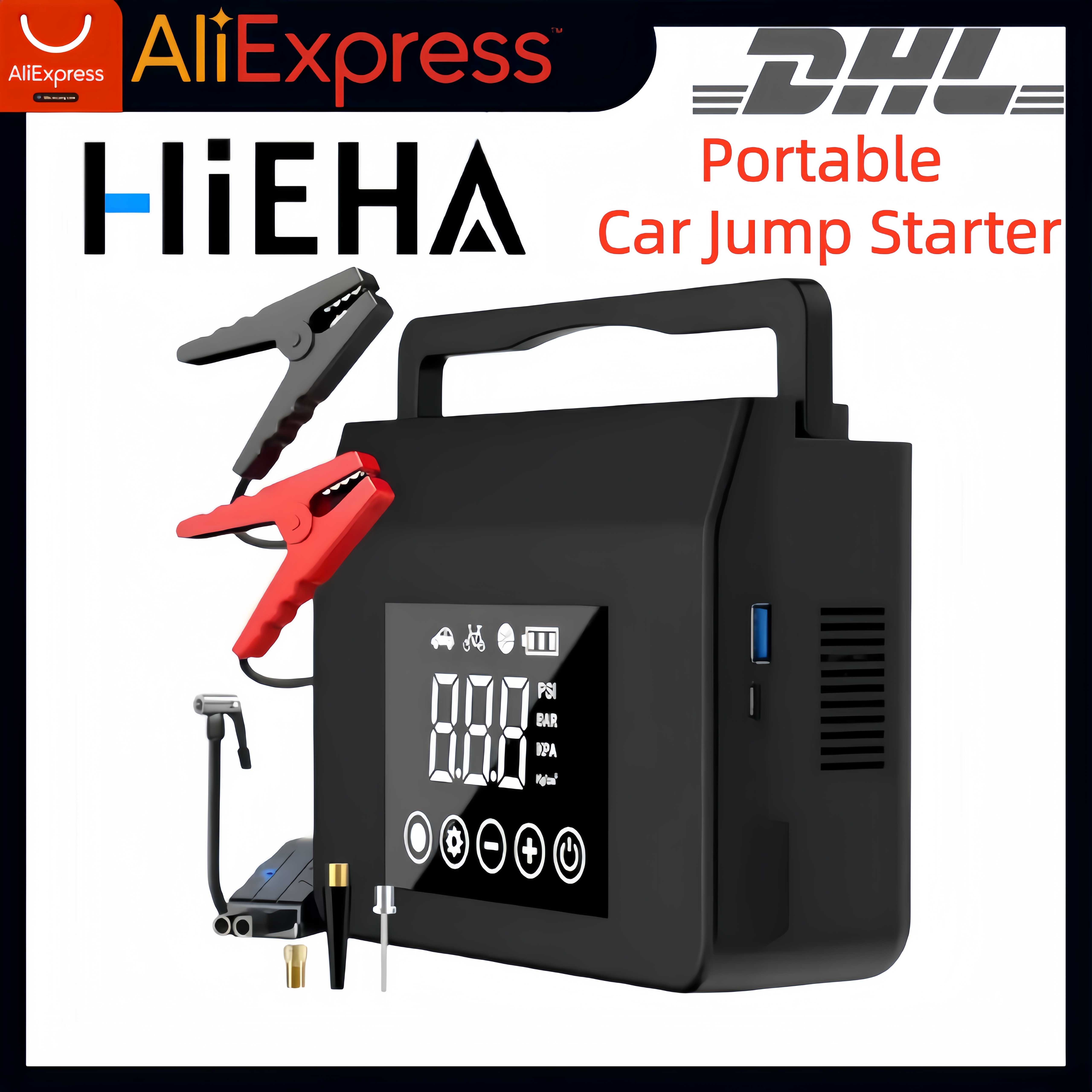 HIEHA 2026 4000A Car Jump Starter, 15000mAh Power Bank, 150PSI Portable Tire Inflator Air Compressor Power Bank With LED Light