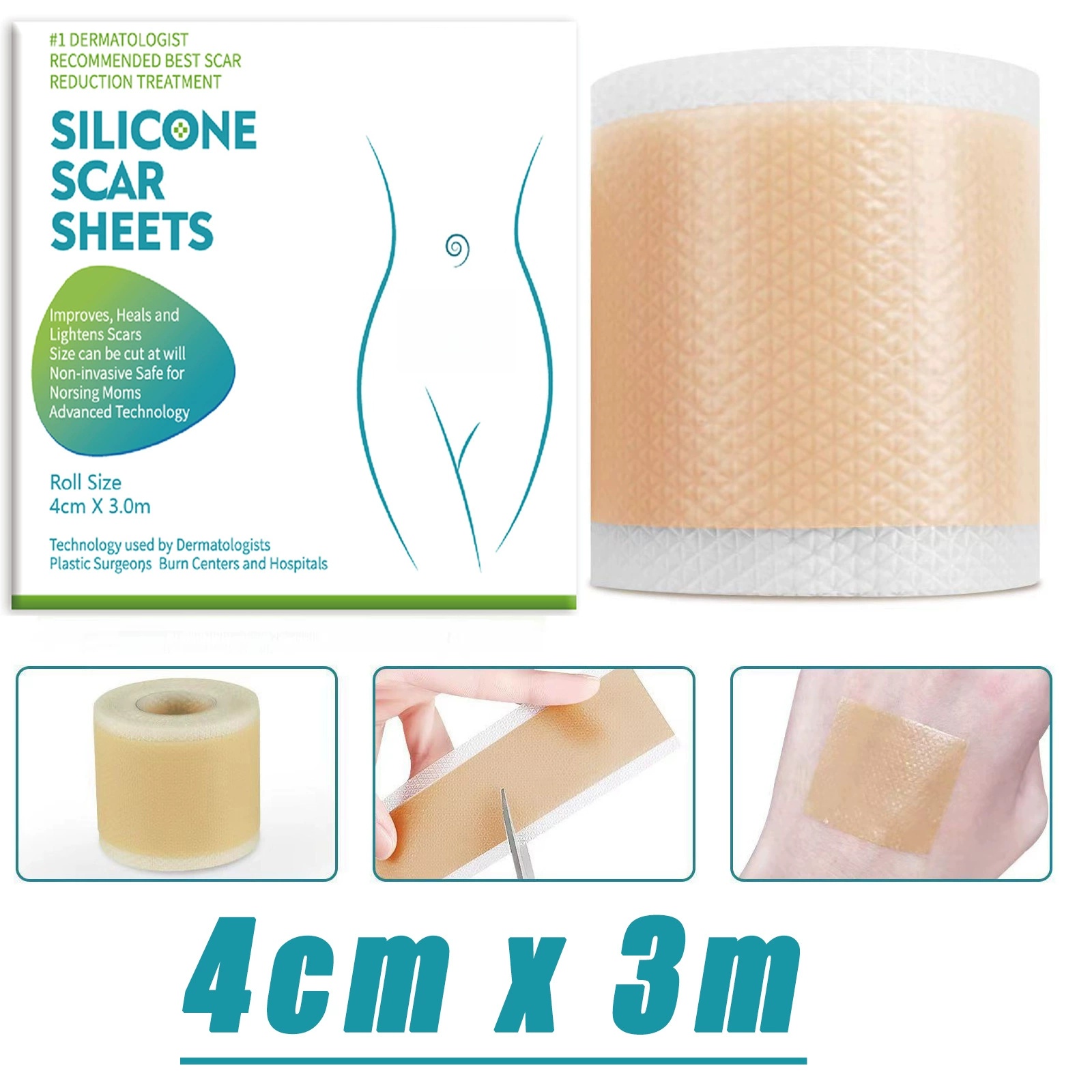 4CM x 3M シリコーン傷跡シート自己粘着ストレッチマークテープ傷跡カバーパッチ再利用可能で効果的なスキンケアストリップ