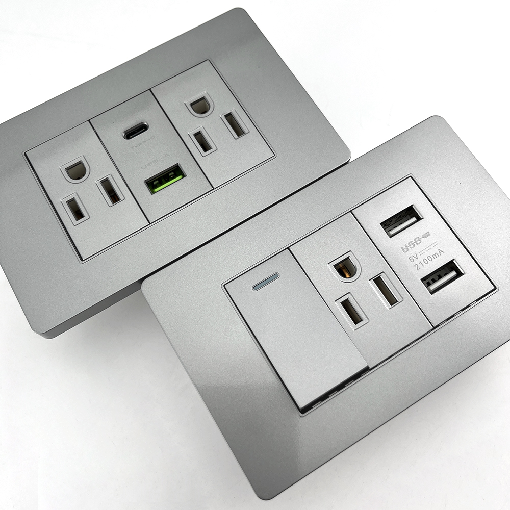 グレー アメリカ タイ標準 USB タイプ C 20 ワット急速充電壁スマート ソケット、メキシコ 2 ウェイ ライト スイッチ プラスチック パネル
