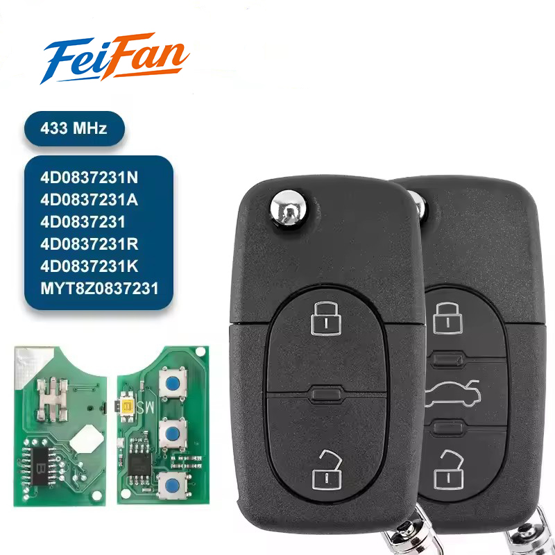 FeiFan 4D0837231A 4D0837231N 4D0837231K リモート車のキーアウディ A3 A4 A6 A8TT RS4 クワトロ旧モデル 433Mhz ID48 ガラスチップキー
