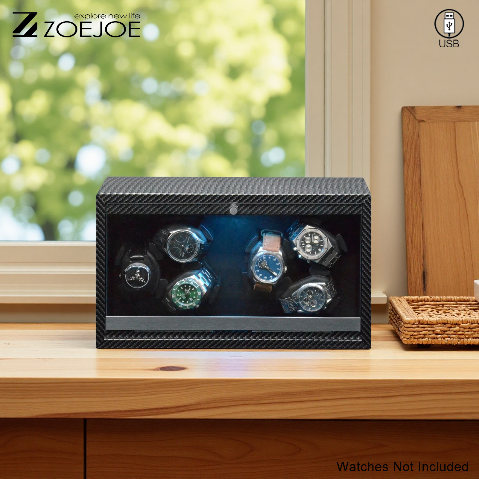 ZOEJOE 6スロットウォッチワインダー、カーボンファイバー仕上げ、LEDライト、静かなモーター、自動機械式時計用時計ディスプレイボックス