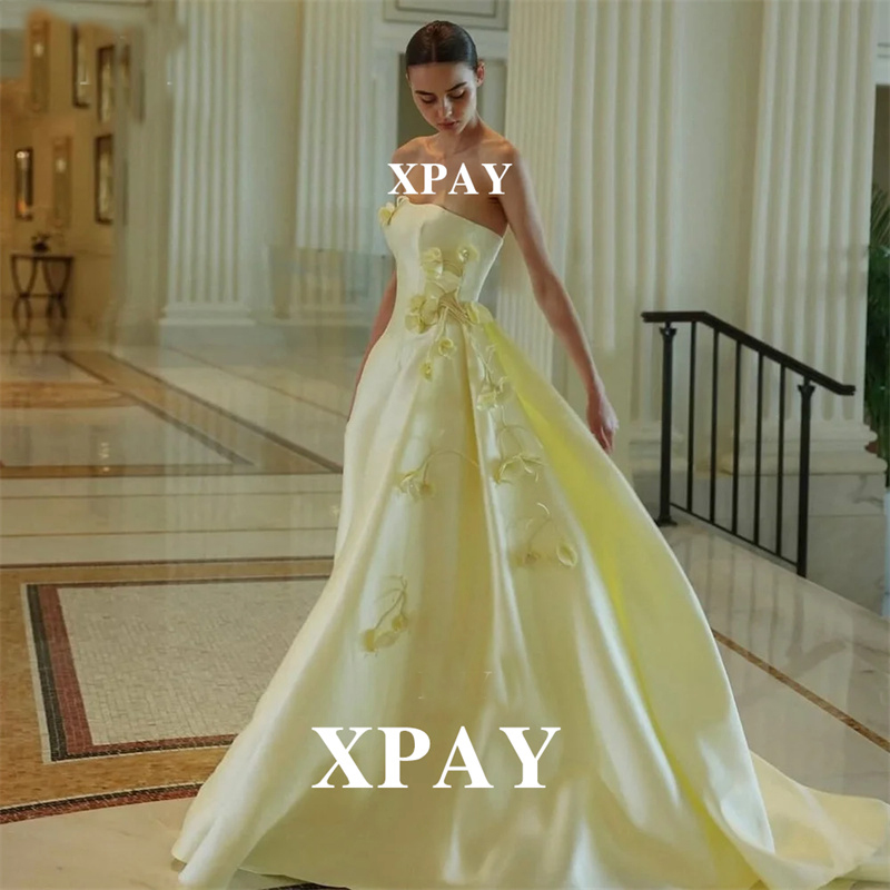 XPAY エレガントなイエロー 3D 花のイブニングドレス ストラップレス サテン スイープ トレイン フォーマルな日のガウン カスタマイズされた Vestidos デ フィエスタ