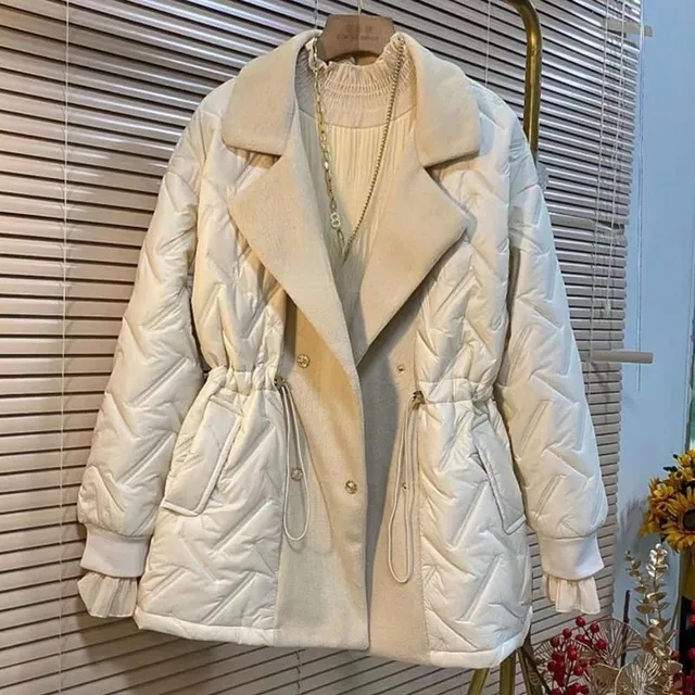 新しい冬のロングパーカー女性ダウンコットンジャケット大きなラペル弾性ウエスト雪生き抜くファッション暖かい防水パッチワークコート