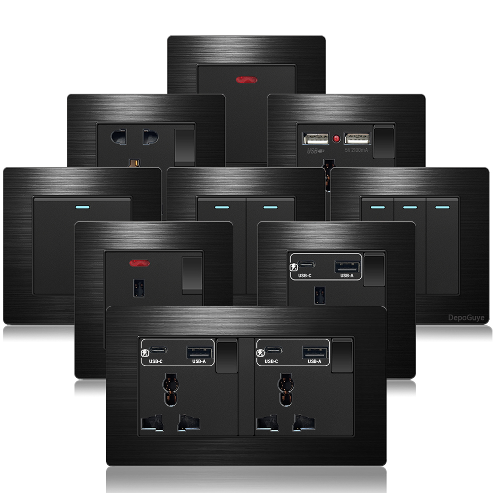 つや消しアルミニウムユニバーサル 3 ピンデュアル USB ソケット、英国 13A Type-C 18W 急速充電コンセント、220V 電気壁ライトスイッチペイン