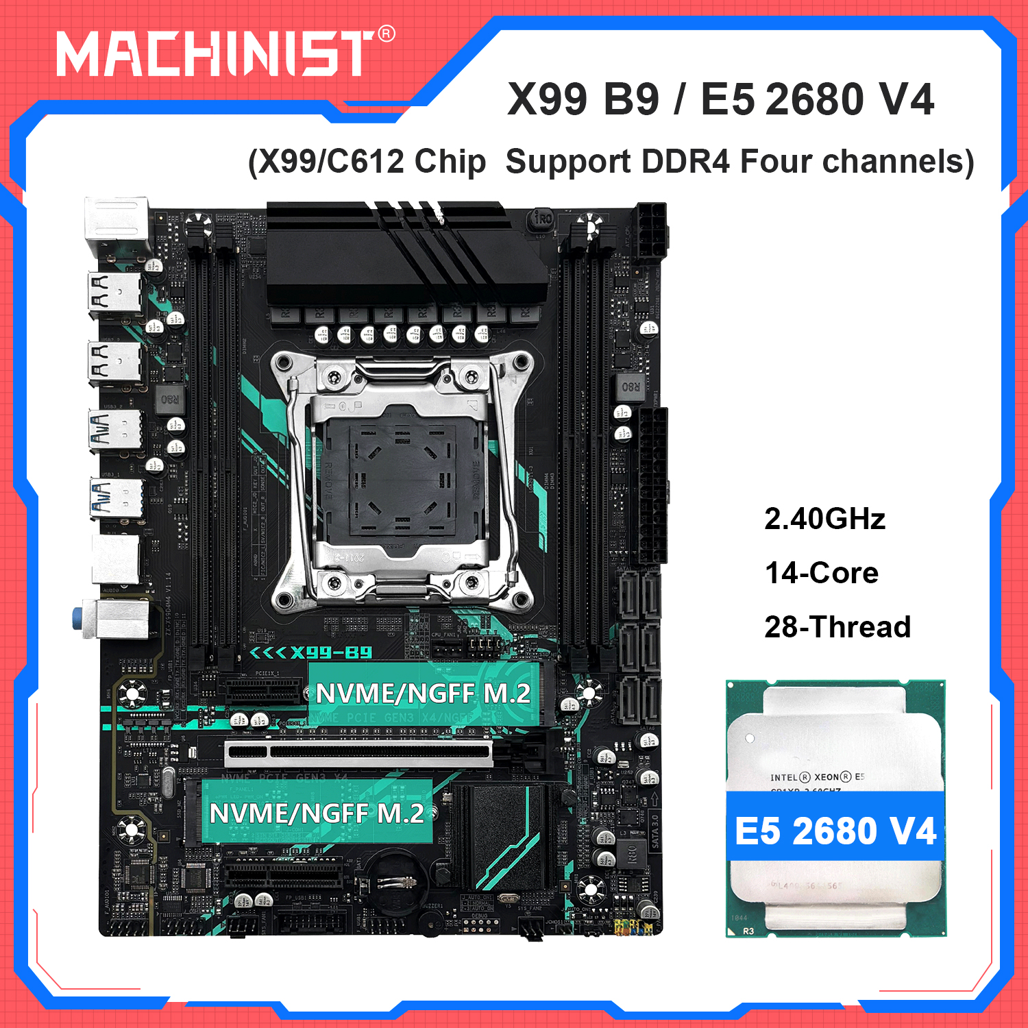 MACHINIST X99 B9 マザーボードキットインテル Xeon E5 2680 V4 CPU LGA 2011-3 サポート DDR4 4 チャネル RAM C612 チップ NVME/SATA M.2 USB3.0