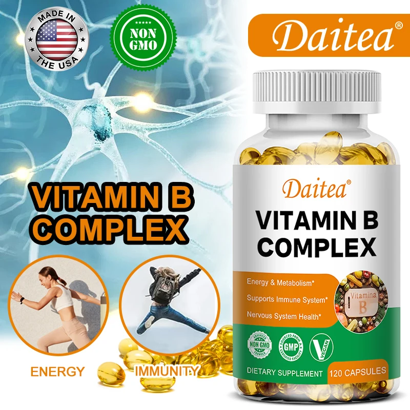 DAITEA - ビタミンB コンプレックス カプセル - B12、B1、B2、B3、B5、B6、B7、B9、葉酸、ビオチン - ストレスを軽減し、免疫力を高める