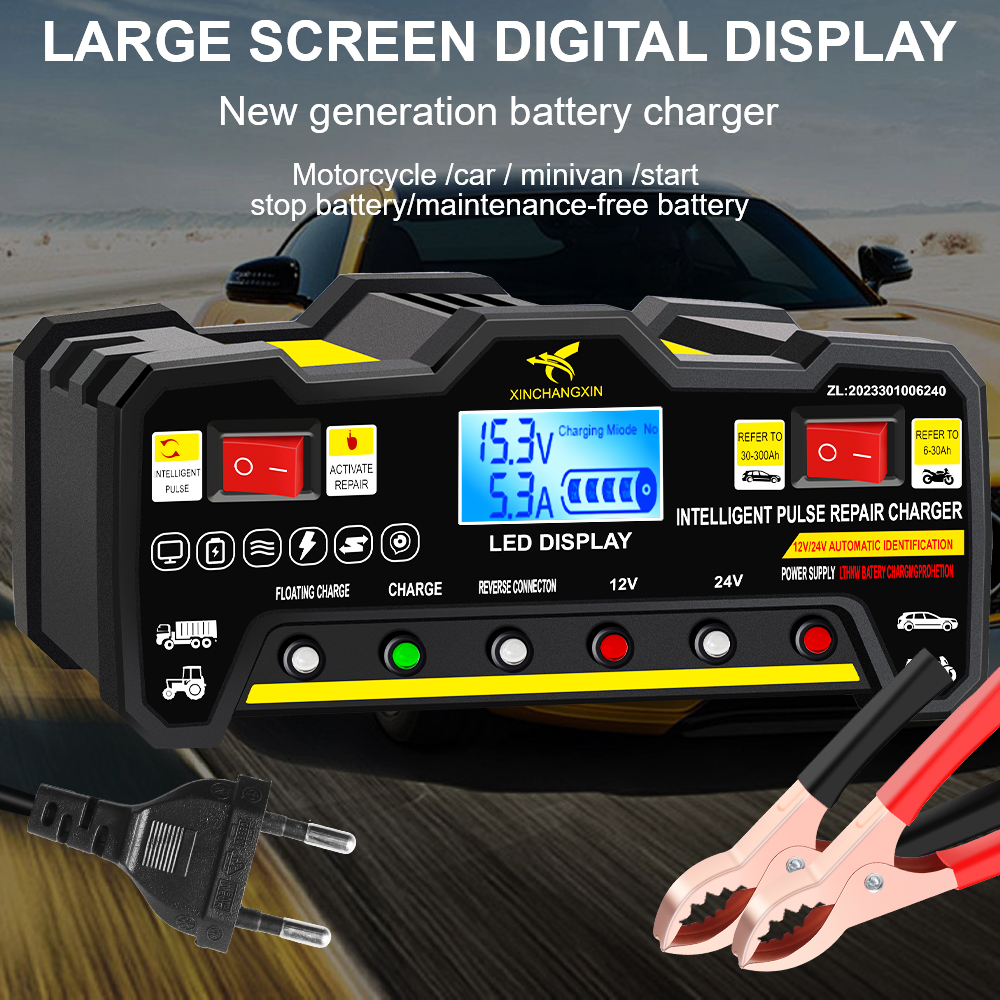 300AH 220W Full Automatic Car Battery Charger For Wet Dry Lead Acid LCD Display Intelligent Pulse Repair Battery Charger EU Plug