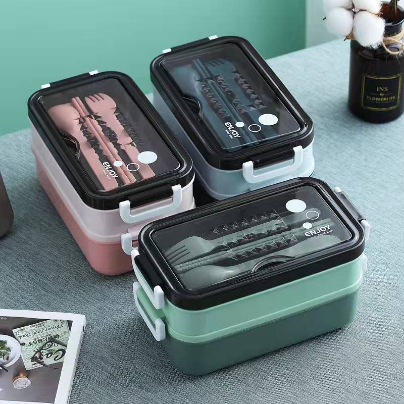 1pc 1400 ミリリットル二層弁当箱ポータブルコンパートメント食品ボックス電子レンジ弁当箱フォーク箸とスプーンピクニック新鮮な
