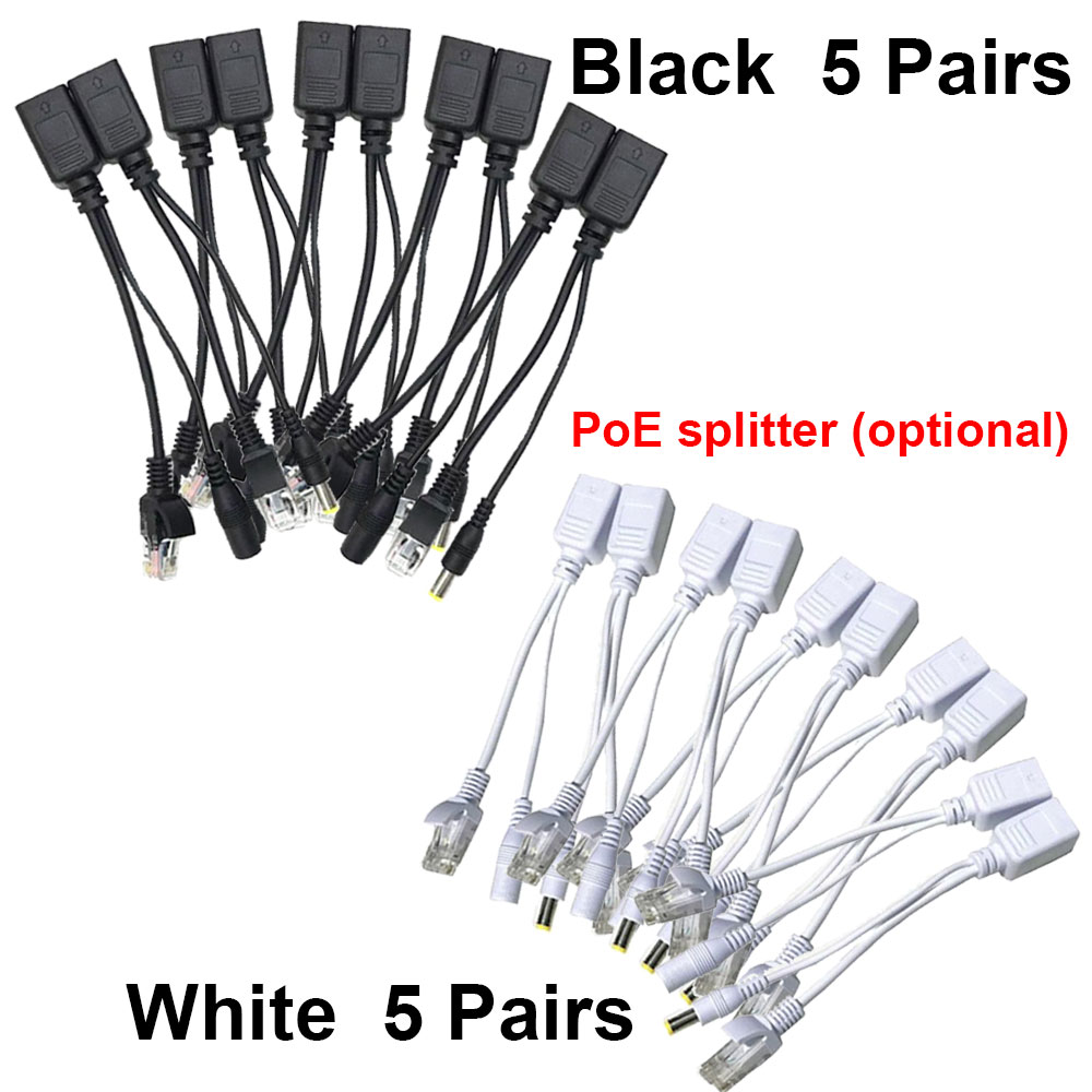 RJ45 イーサネットおよび DC 5.5x2.1 mm F/M アダプタ コネクタ経由の電源を備えたパッシブ PoE インジェクタおよび PoE スプリッタ キット 5 ペア