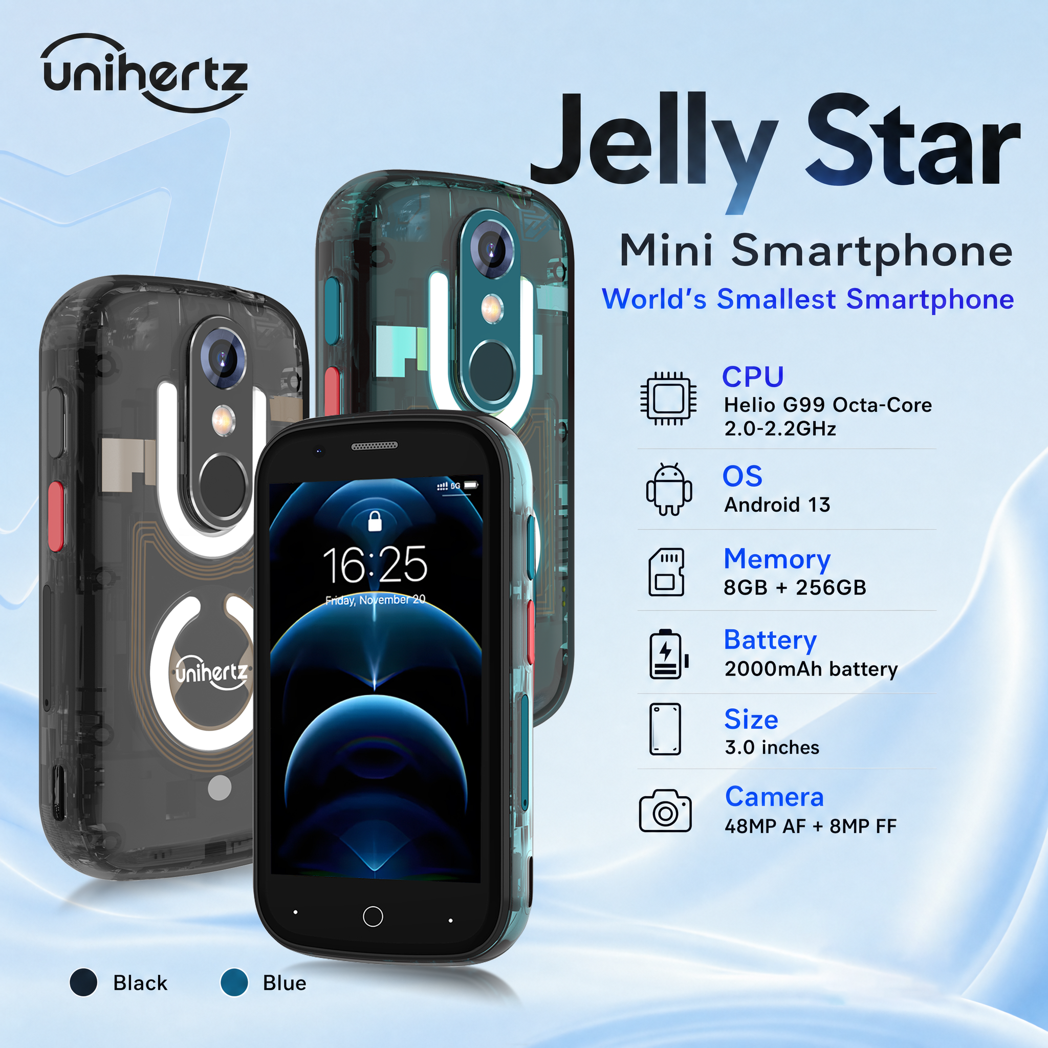 Unihertz ゼリースターミニスマートフォン 8 ギガバイト 256 ギガバイト LED ライトロック解除透明バックシェル携帯電話スペア電話