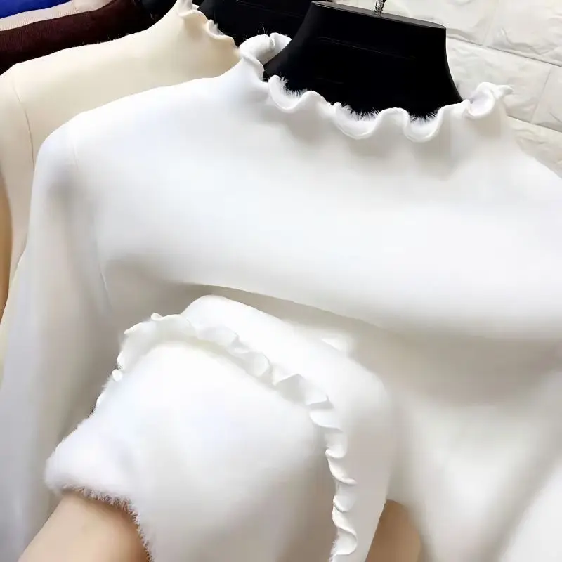 2024 韓国パッド入り肥厚底シャツ女性の秋と冬の新ハーフハイネック暖かい百 Tシャツトップス