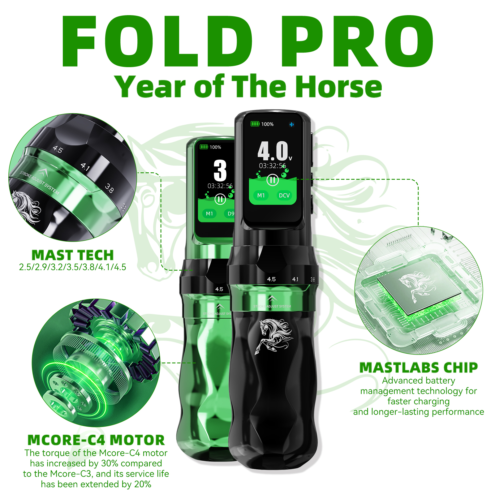 Dragonhawk Fold Pro Year of the Horse タトゥーマシンペン 7 ストローク Mcore-C4 モーター 低ノイズ 安定した耐久性 プロのタトゥーアーティスト用