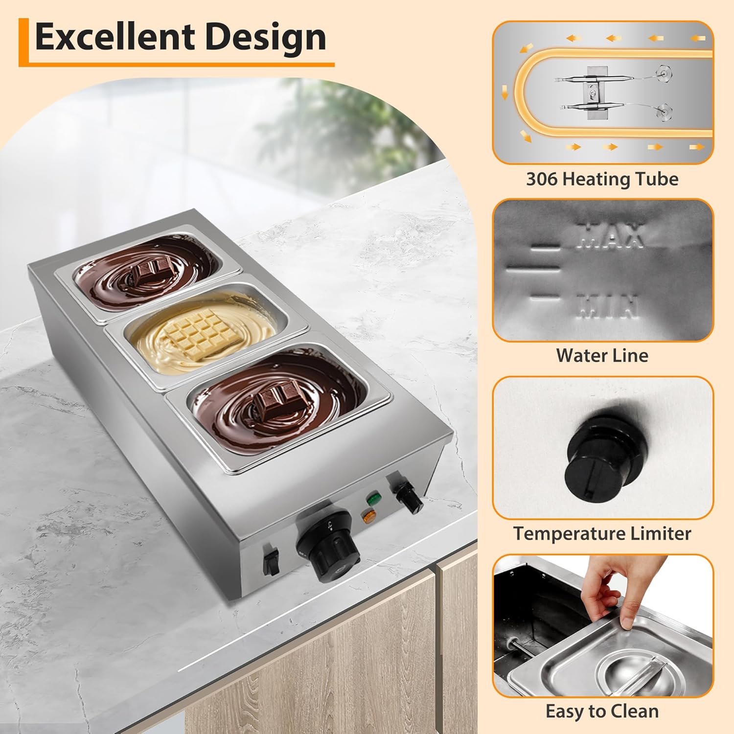 Chocolate Melting Machine, 2/3 Tanks Stainless Steel Chocolate Tempering Machine with Lid,Electric Commercial Food Warmer