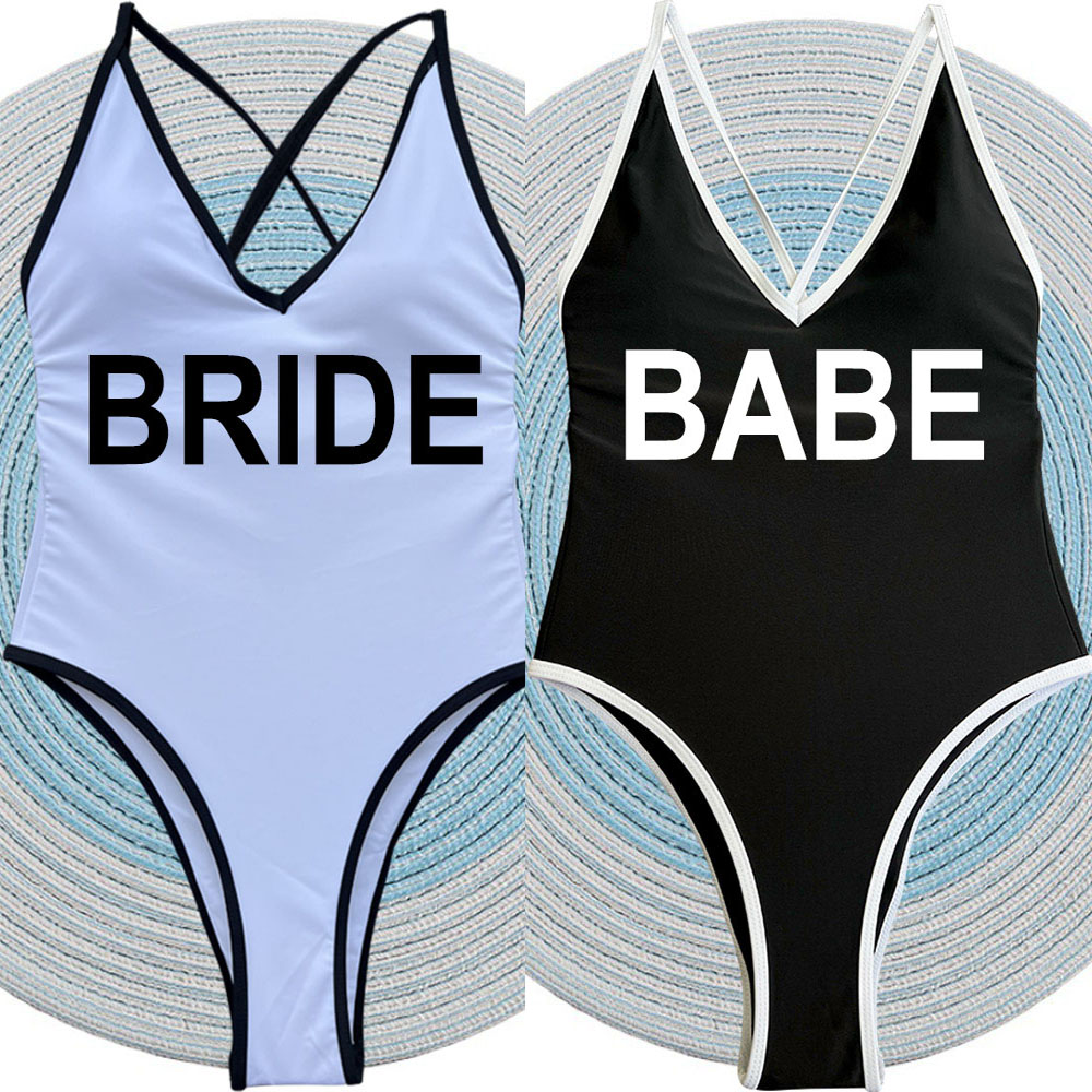Black White Bridal Swimsuits One-Piece Bathing Suit BABE BRIDE Swimwear Women Beachwear Bachelorotte Hen Party Bathing Suit