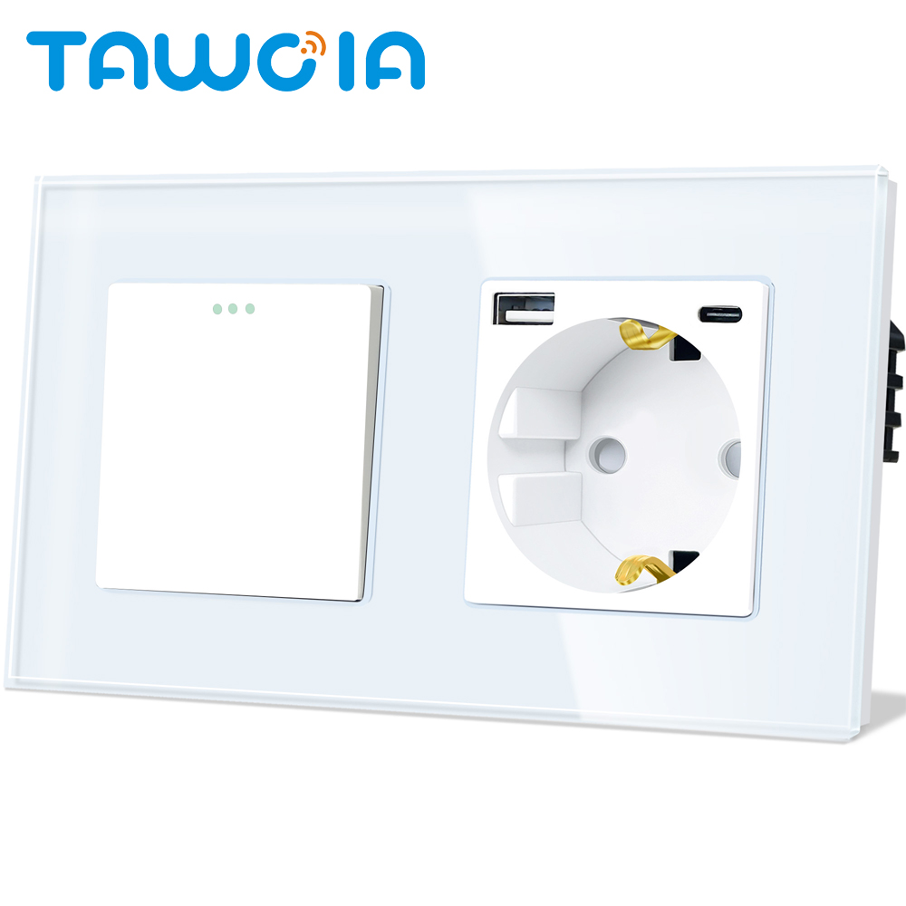 TAWOIA 10A クリスタルガラスウォールライトスイッチプッシュボタンスイッチ電源ソケット USB Type-C 20 ワット急速充電ポート