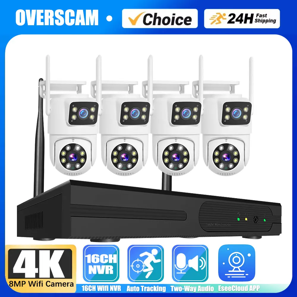 4K Dual Lens Wireless Wifi PTZ Camera 16CH 8mp Security System CCTV Video Surveillance Kit NVR Outdoor Two-Way Audio AI Tracking