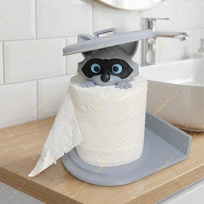 かわいいアライグマペーパータオルホルダー 3D プリント面白いカウンタートップトイレットペーパーホルダー収納トレイ付きクリエイティブティッシュディスペンサー