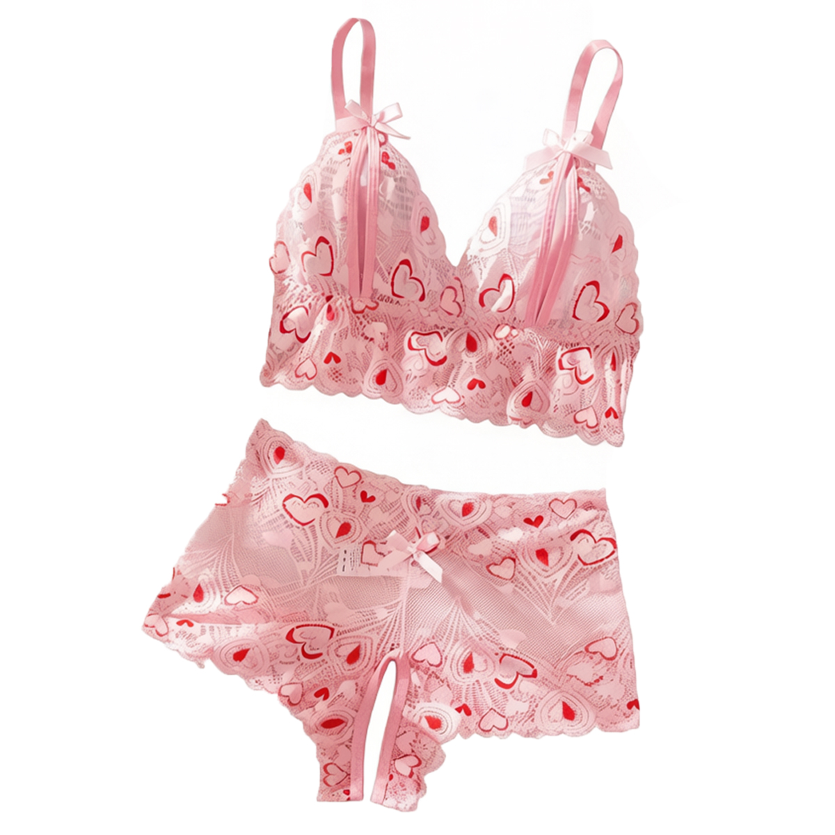 Sexy Strap Lingerie Set Women Bra And Panty Lace Heart Print Hollow Out Open Crotch Bras Panties Intimate Wear Clothing